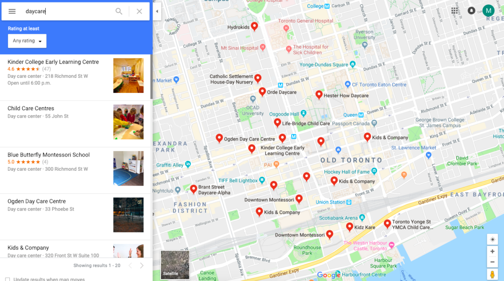 Daycare business listings on map