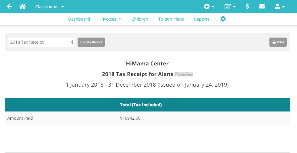 Example of creating a tax receipt for parents using HiMama.