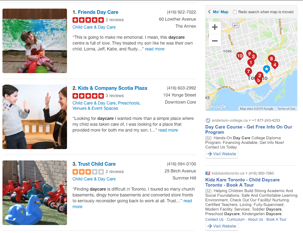 Example of home daycare listings on Yelp.