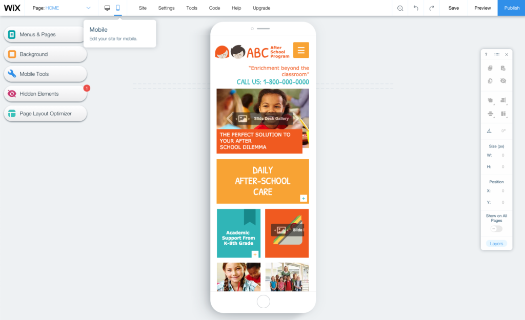 Editing the mobile version of a home daycare website.