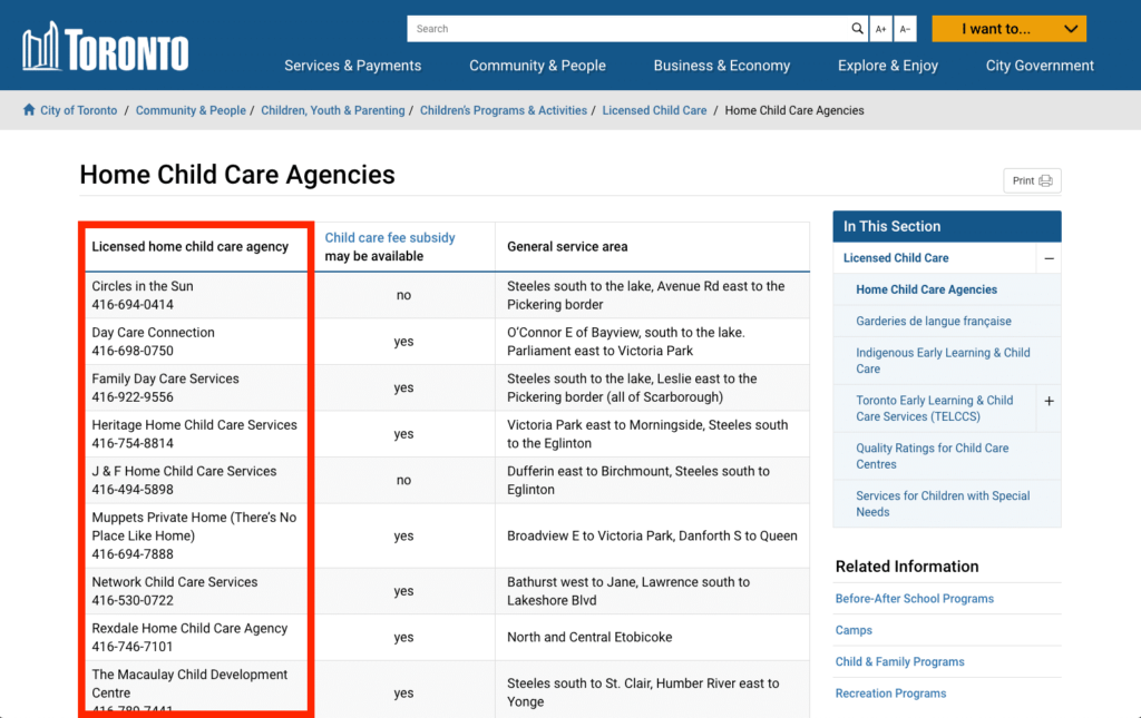 Example of home daycare directory.