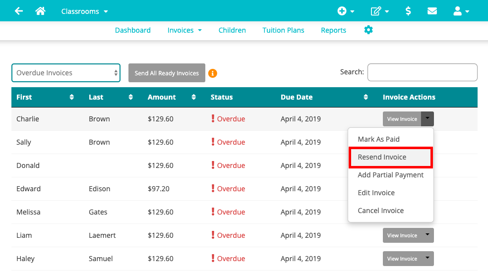 send reminders to chase child care payment