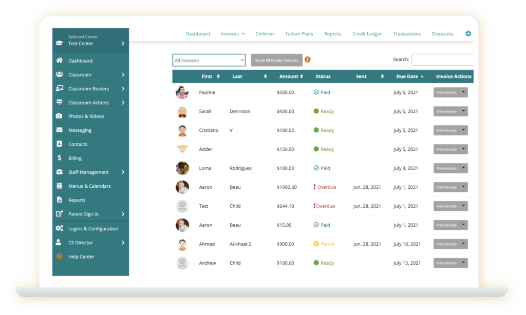 childcare payments invoices dashboard screenshot