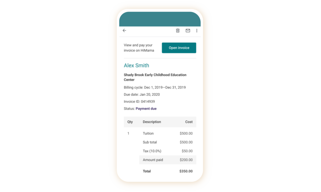 childcare partial payments screenshot