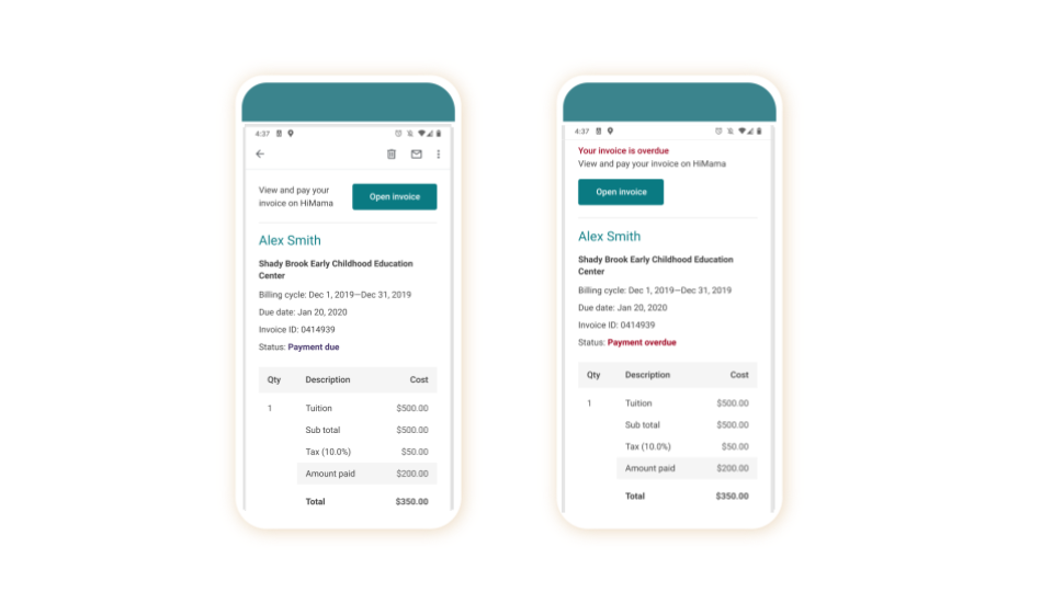 childcare invoice screenshot